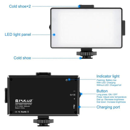 PULUZ Dimmable On-Camera Light for Photography Sessions - LED panel with adjustable brightness, CRI96, cold shoe mount, charging port