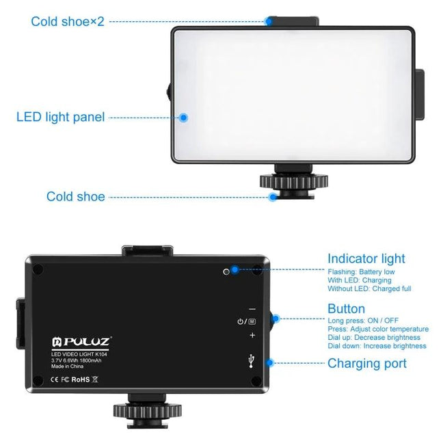 PULUZ Dimmable On-Camera Light for Photography Sessions - LED panel with adjustable brightness, CRI96, cold shoe mount, charging port