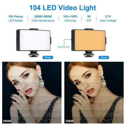 PULUZ Dimmable On-Camera Light for Photography Sessions showing 104 LED beads, white and warm 3200K-5600K comparison