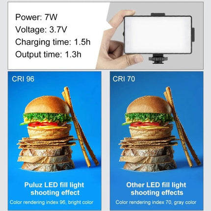 PULUZ Dimmable On-Camera Light for Photography Sessions showing CRI 96 vs CRI 70 color rendering and specs (7W, 3.7V, 1.5h charge)