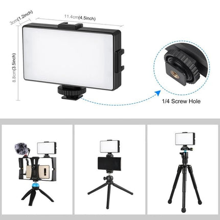 PULUZ Dimmable On-Camera Light for Photography Sessions mounted on smartphone rig and tripods showing 1/4 screw hole and compact LED panel