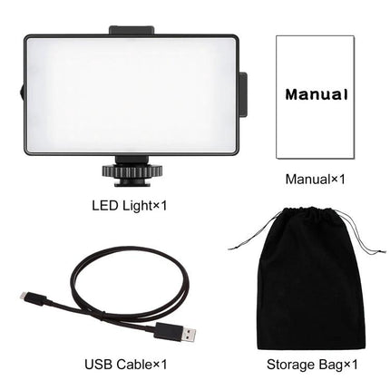 PULUZ Dimmable On-Camera Light for Photography Sessions shown with USB cable, manual and storage bag, compact LED light kit