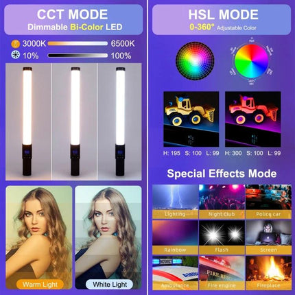 PULUZ 190 LED RGB Handheld Fill Light with Barndoor for Photography showing CCT, HSL modes, color effects and sample portraits