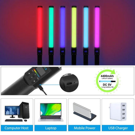 PULUZ 190 LED RGB Handheld Fill Light with Barndoor for Photography showing six colorful LED tubes, controls, USB-C charging and power options