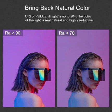 PULUZ 190 LED RGB Handheld Fill Light with Barndoor for Photography showing high CRI vs low CRI portrait lighting comparison