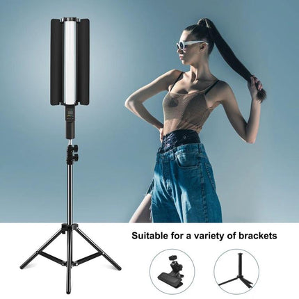 PULUZ 190 LED RGB Handheld Fill Light with Barndoor for Photography on stand beside fashion model, adjustable beam for portrait and product shoots