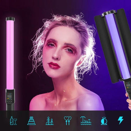 PULUZ 190 LED RGB Handheld Fill Light with Barndoor for Photography illuminating model with pink and purple portrait lighting
