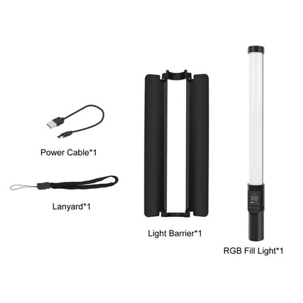 PULUZ 190 LED RGB Handheld Fill Light with Barndoor for Photography showing tube light, barndoor light barrier, USB power cable and lanyard