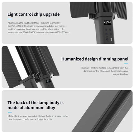 PULUZ Handheld Color Fill Light for Photography Sessions showing upgraded control chip, dimming panel, and aluminum alloy lamp body