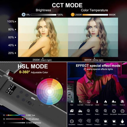 PULUZ Handheld Color Fill Light for Photography Sessions showing CCT, HSL and special effects demo for portrait color and brightness control