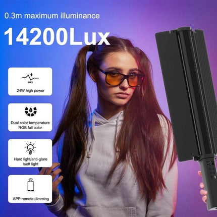 PULUZ Handheld Color Fill Light for Photography Sessions showing model with RGB fill, 14200Lux, app dimming and dual color temperature controls