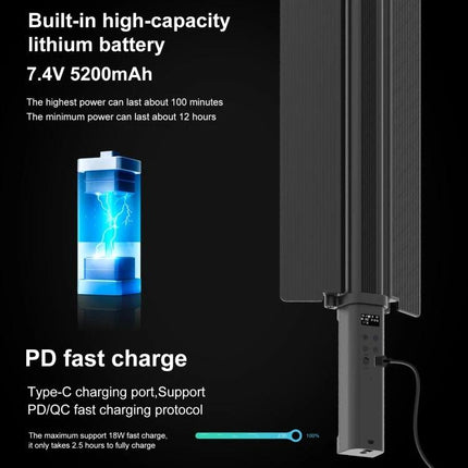 PULUZ Handheld Color Fill Light for Photography Sessions showing built-in 7.4V 5200mAh battery and PD fast Type-C charging port