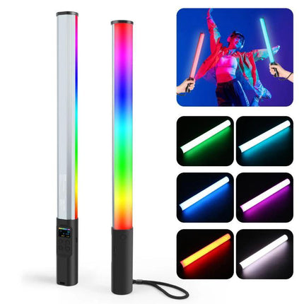 PULUZ Handheld Full Color RGB Light for Photography and Videography showing two lights with multicolor effects and sample color panels