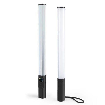 PULUZ Handheld Full Color RGB Light for Photography and Videography shown as two slim tube lights with control panel and wrist strap