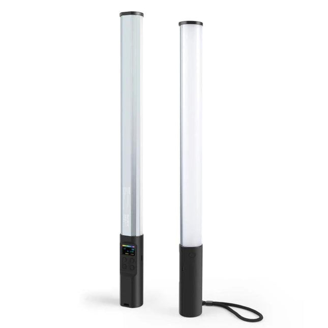 PULUZ Handheld Full Color RGB Light for Photography and Videography shown as two slim tube lights with control panel and wrist strap