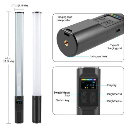 PULUZ Handheld Full Color RGB Light for Photography and Videography showing tube lamp, controls, display, Type-C port and 1/4 screw hole