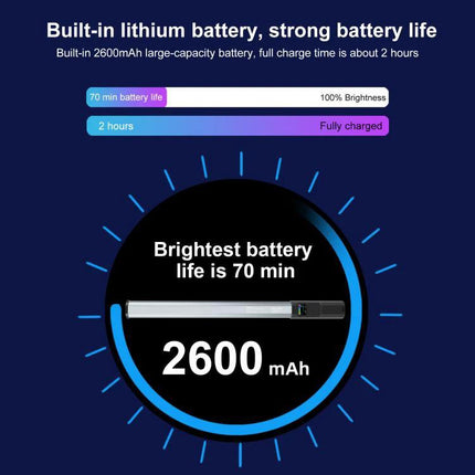 PULUZ Handheld Full Color RGB Light for Photography and Videography showing 2600mAh battery and 70 min brightest battery life