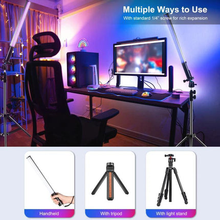 PULUZ Handheld Full Color RGB Light for Photography and Videography shown lighting a colorful desktop streaming setup