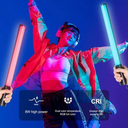 PULUZ Handheld Full Color RGB Light for Photography and Videography showing dancer lit by adjustable RGB tubes for outdoor and indoor content shoots