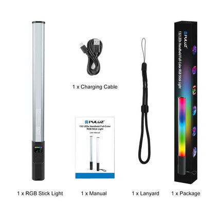 PULUZ Handheld Full Color RGB Light for Photography and Videography showing RGB stick light, charging cable, manual, lanyard and package