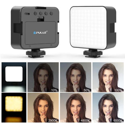 PULUZ 100 LED Fill Light for Camera and Video Photography demonstrating adjustable brightness and color temperatures for portrait and macro shooting