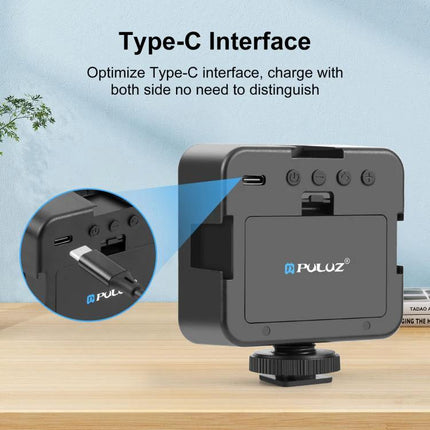 PULUZ 100 LED Fill Light for Camera and Video Photography showing Type-C interface, rear controls, adjustable color temperature and hotshoe mount
