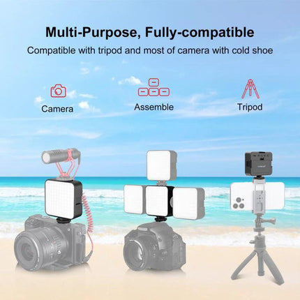 PULUZ 100 LED Fill Light for Camera and Video Photography mounted on camera, tripod options, adjustable panels and color temperature for video and photo