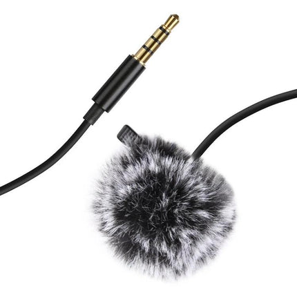 PULUZ Lavalier Microphone for Daily Video Recordings — black lavalier mic with furry windscreen and 3.5mm gold plug for vlogs and interviews