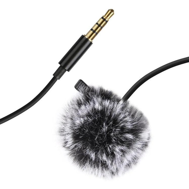 PULUZ Lavalier Microphone for Daily Video Recordings — black lavalier mic with furry windscreen and 3.5mm gold plug for vlogs and interviews