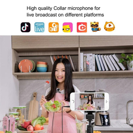 PULUZ Lavalier Microphone for Daily Video Recordings - woman vlogging cooking in kitchen with lav mic and smartphone tripod