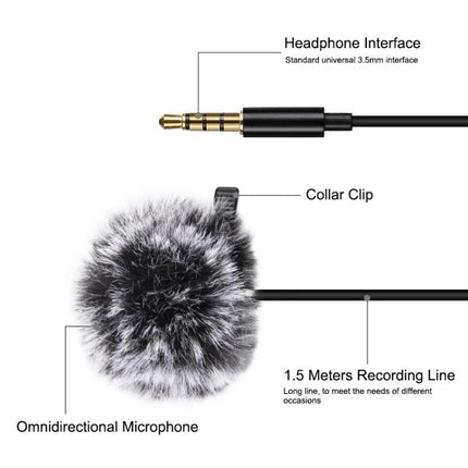 PULUZ Lavalier Microphone for Daily Video Recordings omnidirectional mic with 3.5mm headphone interface, collar clip and 1.5m cable