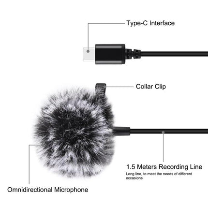 PULUZ Lavalier Microphone for Daily Video Calls and Interviews - omnidirectional lav with Type-C, collar clip, 1.5m cable and windscreen