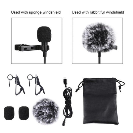 PULUZ Lavalier Microphone for Daily Video Calls and Interviews showing mic, sponge and rabbit fur windshields, clips, cable and pouch