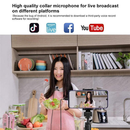 PULUZ Lavalier Microphone for Daily Video Calls and Interviews - woman cooking and recording a live kitchen video with clipped lapel mic