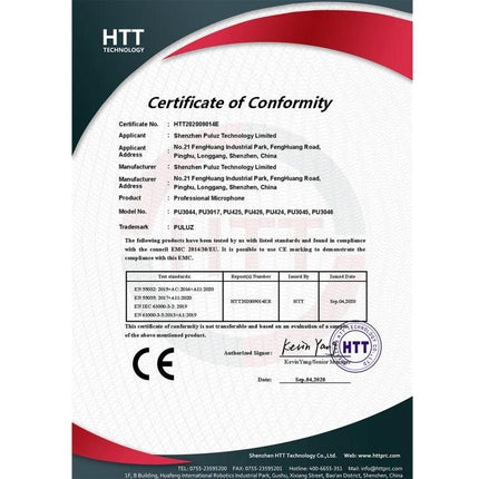 PULUZ Lavalier Microphone for Daily Video Recordings certificate of conformity showing CE logo and company seal