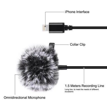 PULUZ Lavalier Microphone for Daily Video Recordings - omni lav mic with iPhone interface, collar clip, 1.5m cable and furry windscreen
