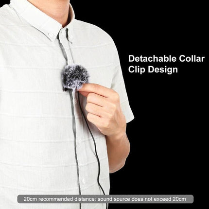 PULUZ Lavalier Microphone for Daily Video Recordings showing detachable collar clip and windscreen on a shirt