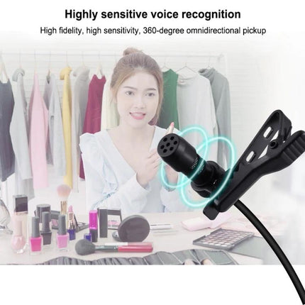 PULUZ Lavalier Microphone for Daily Video Recordings clipped to blouse in a vlogging makeup setup for clear voice pickup