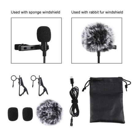 PULUZ Lavalier Microphone for Daily Video Recordings with sponge and rabbit fur windshields, clips, cable and pouch