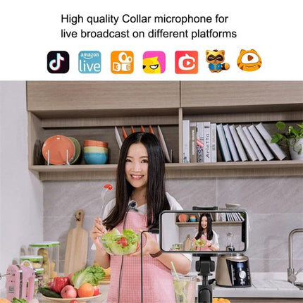 PULUZ Lavalier Microphone for Daily Video Recordings - woman vlogging in kitchen with clip-on mic and smartphone on tripod