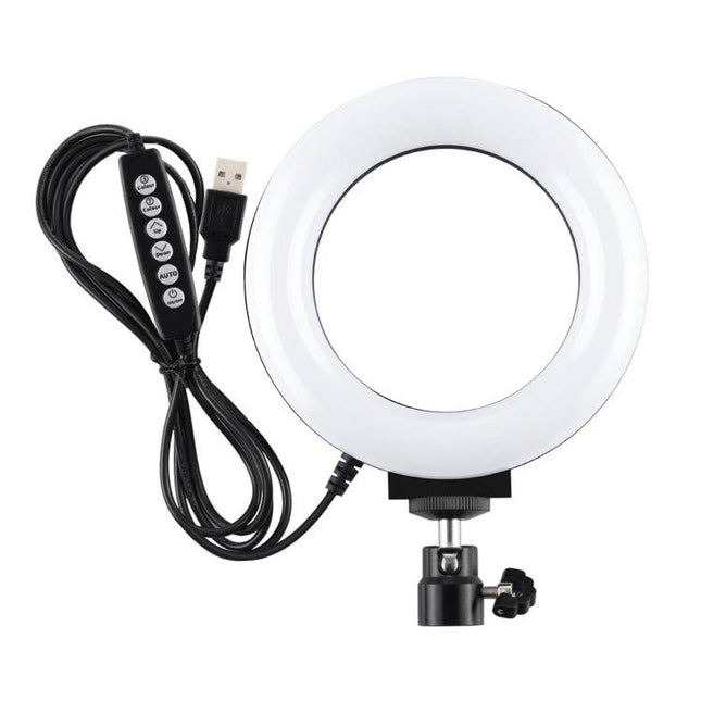 PULUZ LED Ring Light for Everyday Video and Photo Use shown with USB cable, control buttons and adjustable mount
