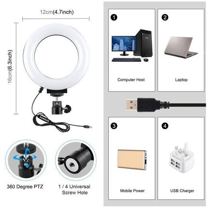 PULUZ LED Ring Light for Everyday Video and Photo Use showing 12cm ring, USB cable, 360° mount and compatible with computer, laptop, power bank, USB charger