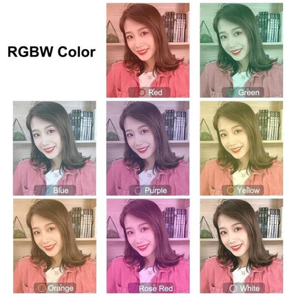 PULUZ LED Ring Light for Everyday Video and Photo Use showing RGBW color modes (Red, Green, Blue, Purple, Yellow, Orange, Rose Red, White) on a portrait