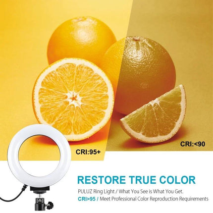 PULUZ LED Ring Light for Everyday Video and Photo Use showing color-accurate lighting on oranges with CRI comparison