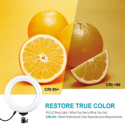 PULUZ LED Ring Light for Daily Video and Photo Essentials showing color-accurate lighting with oranges and adjustable CRI settings