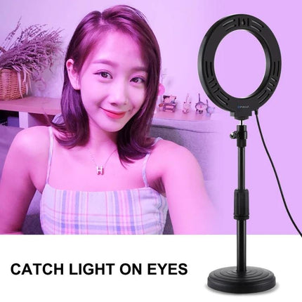 PULUZ LED Ring Light for Daily Video and Photo Essentials - compact adjustable ring light on stand with soft pink portrait lighting