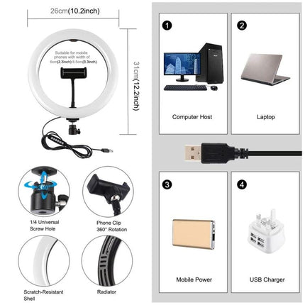 PULUZ Ring Light for Everyday Home Video and Photo Sessions - compact 10.2in ring light with phone clip, USB power, 360° rotation, ideal for virtual meetings