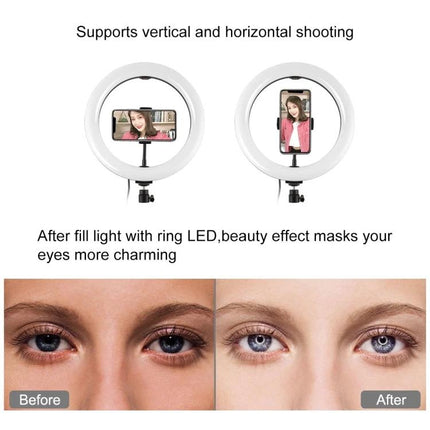 PULUZ Ring Light for Everyday Home Video and Photo Sessions showing vertical and horizontal phone mounting with before and after lighting