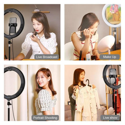 PULUZ Ring Light for Everyday Home Video and Photo Sessions - woman using ring light for makeup, live broadcast, portrait shooting, and live show
