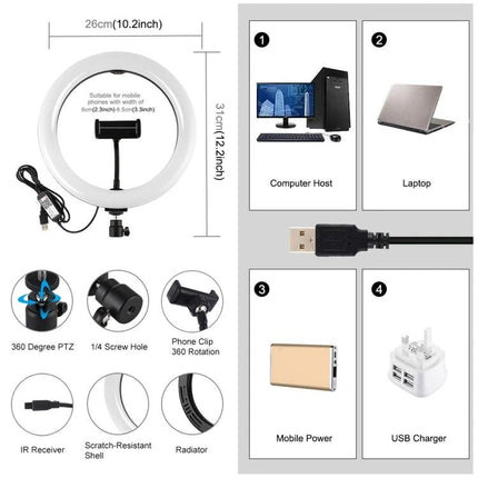 PULUZ LED Ring Light for Daily Vlogging and Video Calls – 10.2in ring, phone clip, 360° rotation, USB powered for laptop, PC, power bank, USB charger